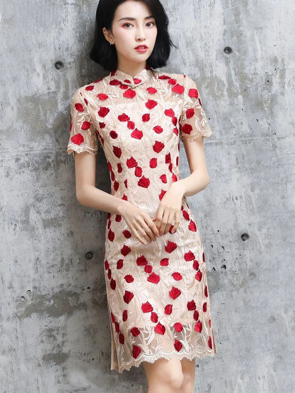 Embroidered Rose Mid Modern Cheongsam Qi Pao Dress