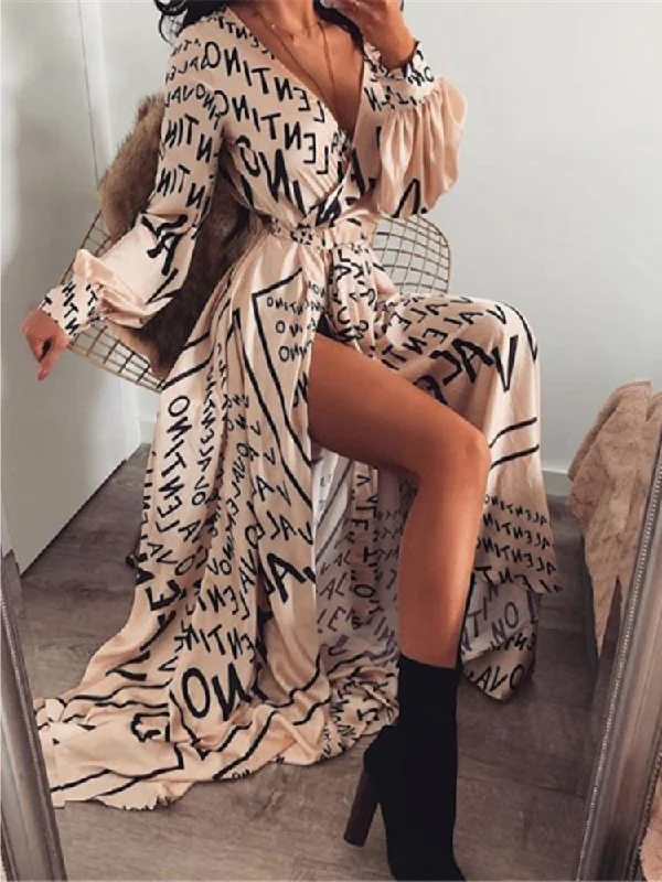 JuliaFashion-Empire V-Neck Long Splits Boho Dress