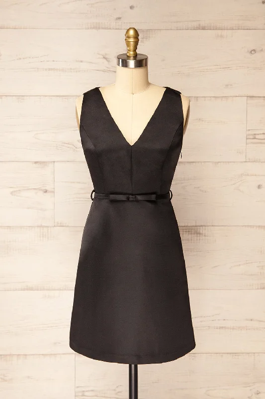 Evesham | Short Black Dress w/ Ribbon Belt