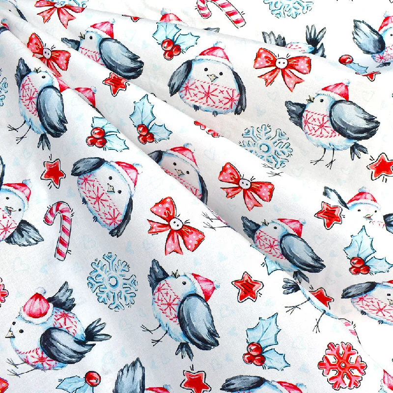 Festive Snowy Birds Digital Print Cotton Lawn Winter White