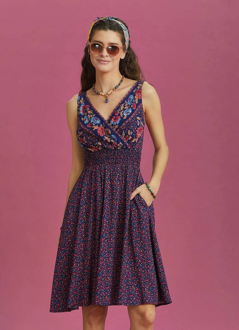 Floral Patterned Bohemian Style Double Breasted V-Neck Dress