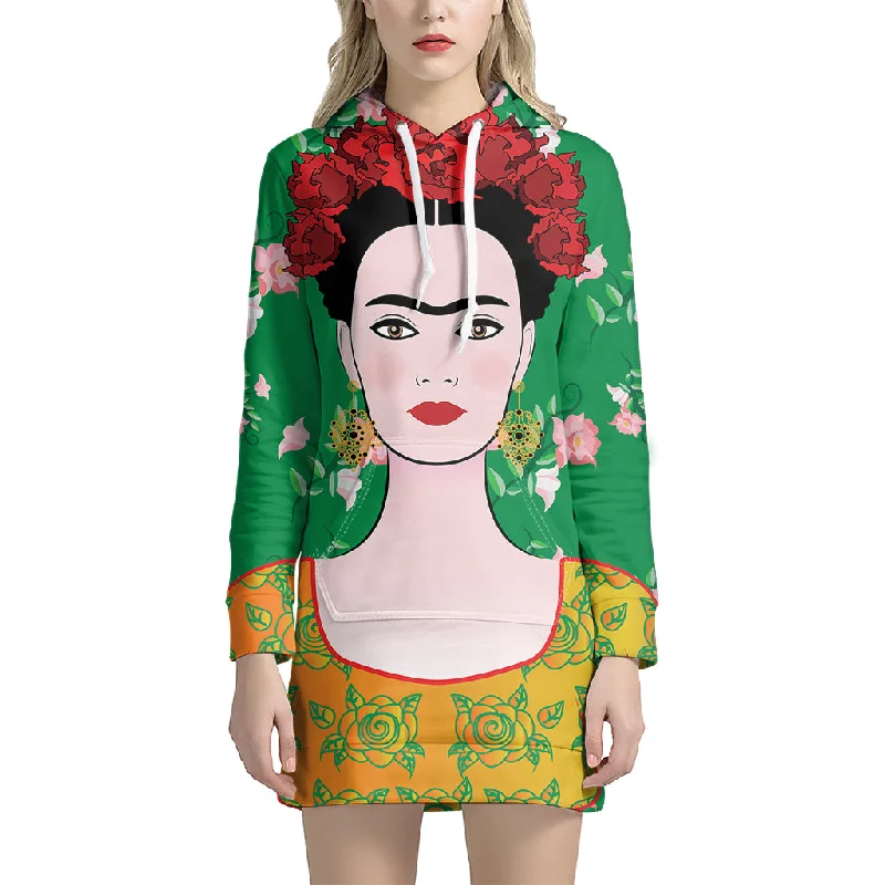 Frida Kahlo And Pink Floral Print Pullover Hoodie Dress