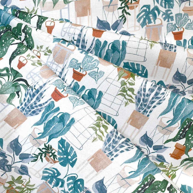 Fronds & Felines House Plants Digital Print Cotton White