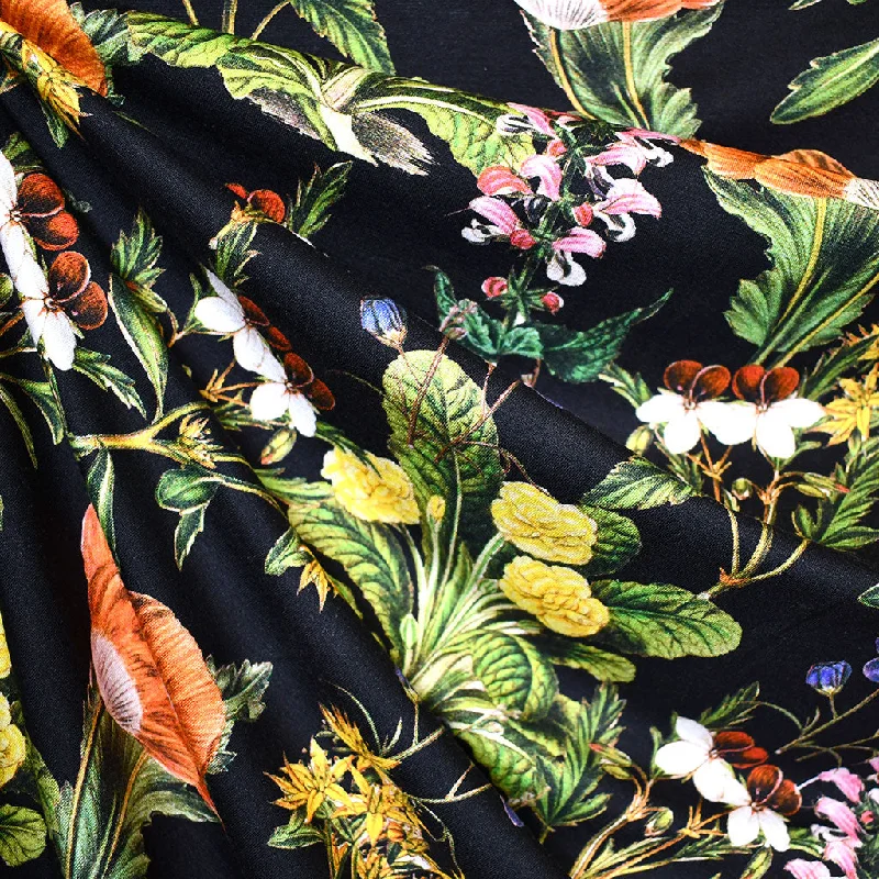 Garden Flower Collage Rayon Jersey Knit Black/Multi