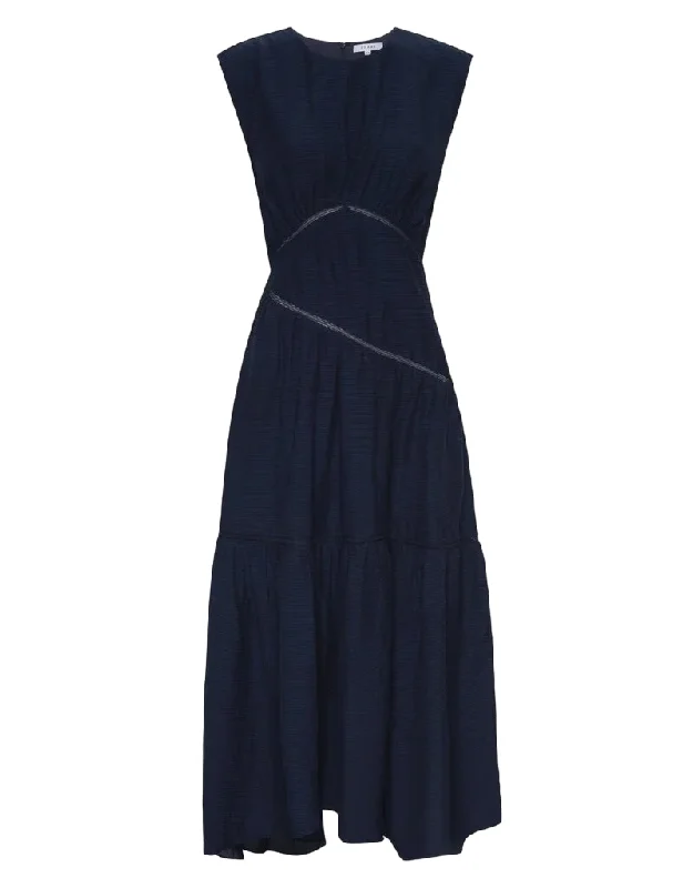 Gathered Seam Lace Inset Dress - Navy