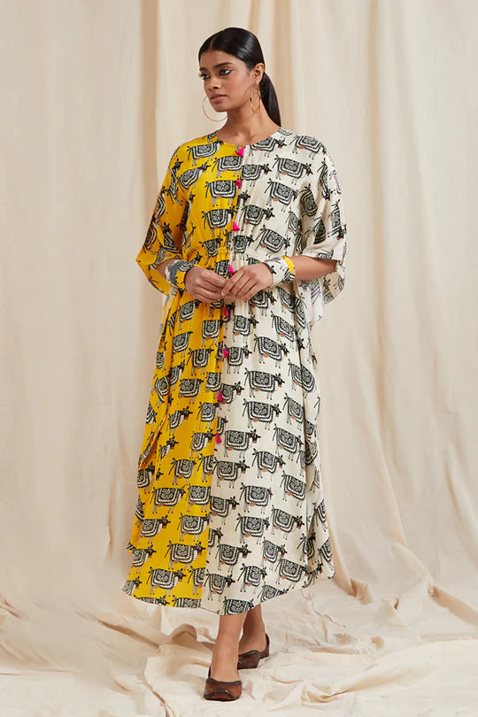 Half & Half Ivory & Yellow Blooming Cow Circular Kaftan