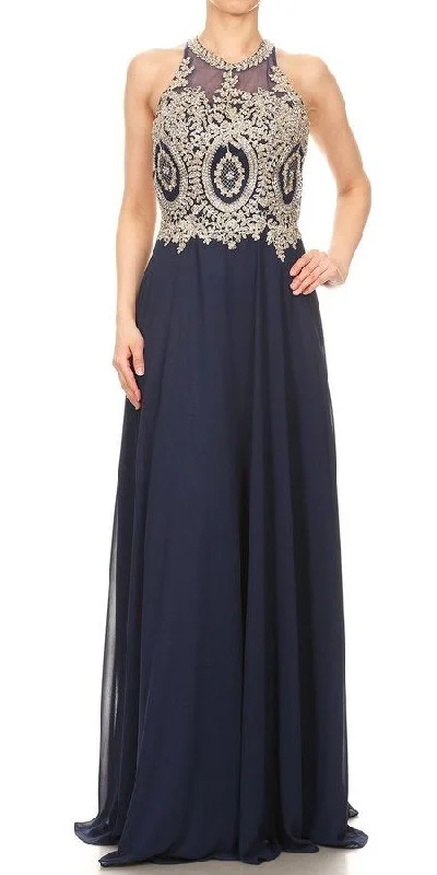 J&J Fashion C1500 Halter Appliqued Long Prom Dress