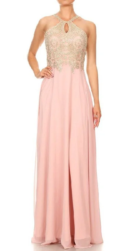 J&J Fashion 1501 Halter Keyhole Neck Long Prom Dress