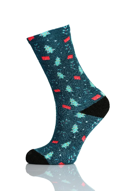 Christmas and Hanukkah Holiday Colorful CoolMax Crew Socks for Men & Women - Holly and Trees