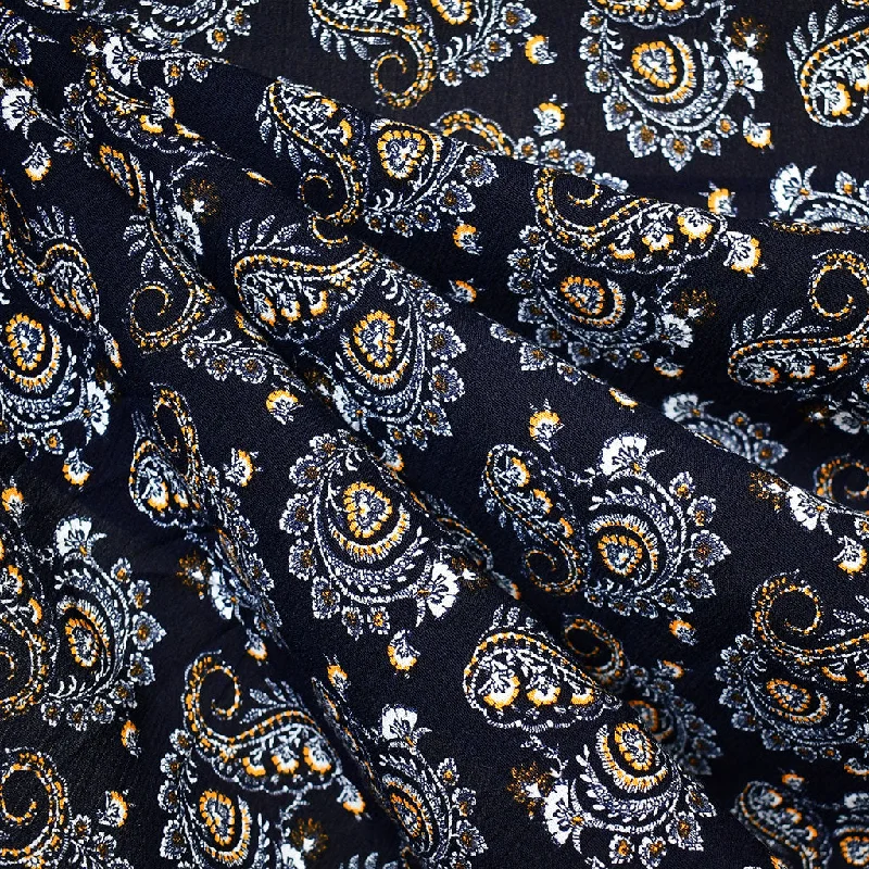 Intricate Paisley Rayon Crepe Navy/Mustard