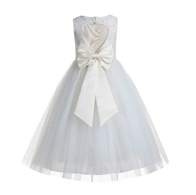 Ivory Floral Lace Heart Cutout Flower Girl Dress Communion Baptism Junior Bridesmaid Dress 172T(1)