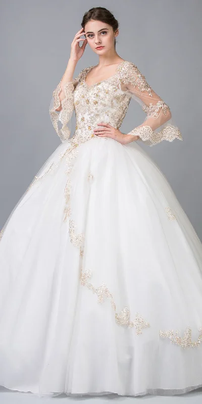 Eureka 4188 Appliqued Long Quinceanera Dress Bell Sleeves