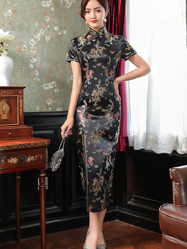 Jacquard Dragon Phoenix Thigh Split Cheongsam Qipao Dress