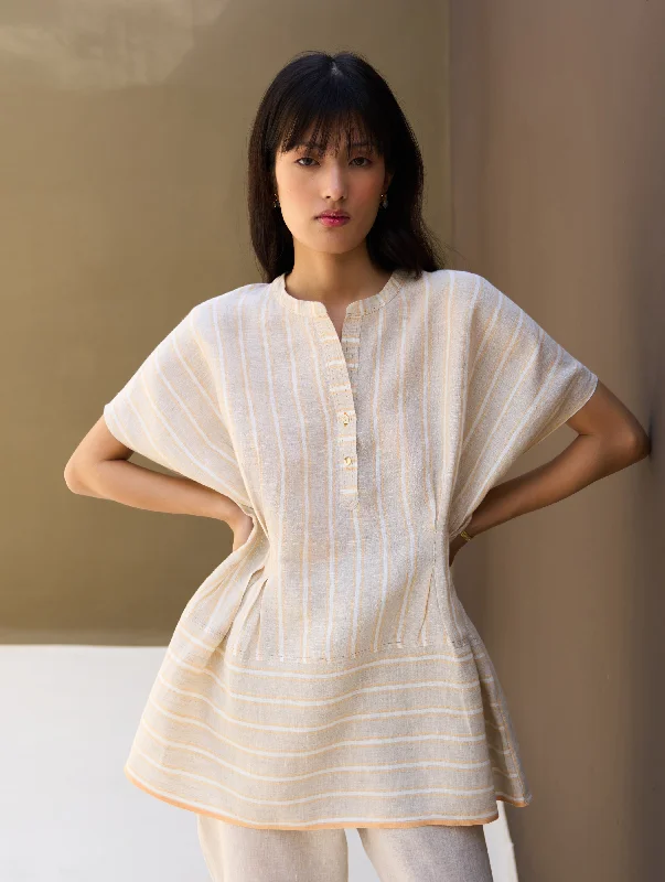 Kia Stripe Linen Pleated Top - Natural