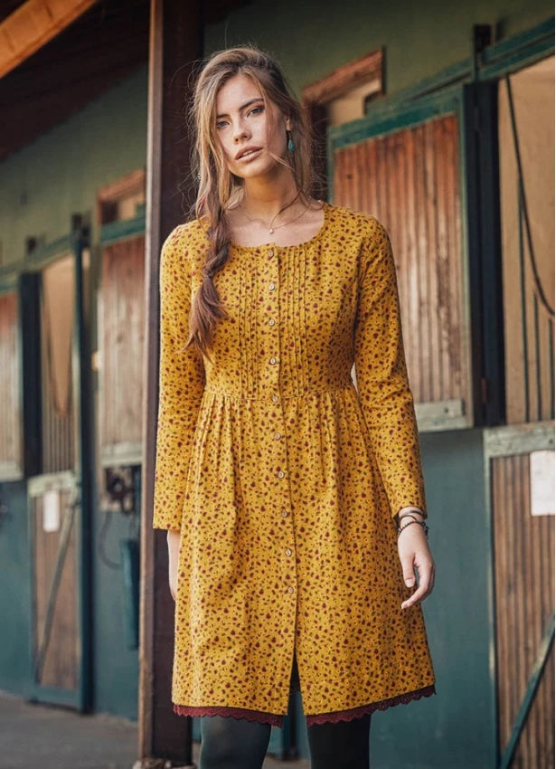 Lace Hem Long Sleeve Floral Mustard Shirt Dress