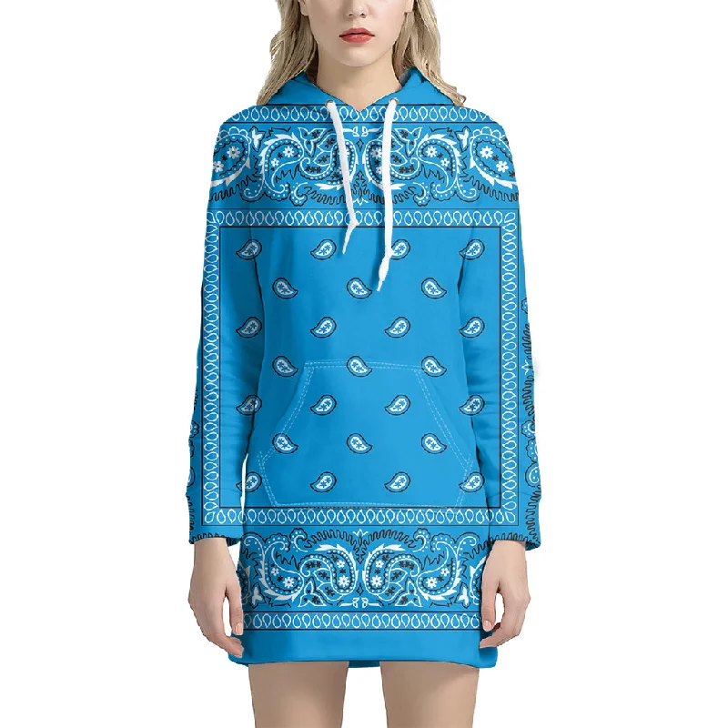 Light Blue Paisley Bandana Print Pullover Hoodie Dress