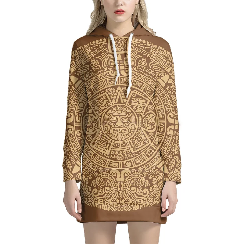 Mayan Calendar Print Pullover Hoodie Dress