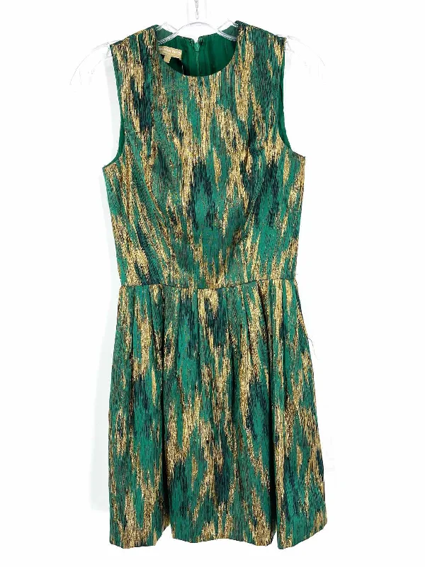 Michael Kors Size 2 Green/Gold Print Metallic Designer Dress