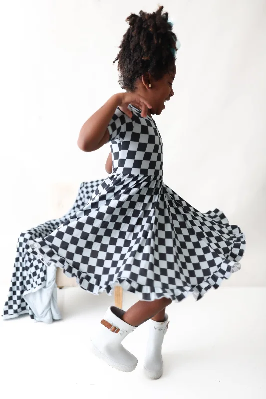 MIDNIGHT CHECKERS DREAM RUFFLE DRESS