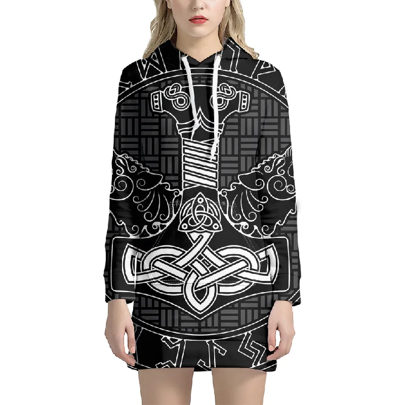 Mjolnir And Scandinavian Runes Print Pullover Hoodie Dress