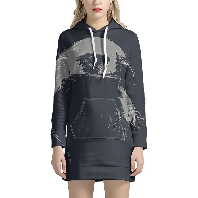 Monochrome Eagle Print Pullover Hoodie Dress