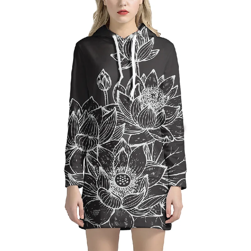 Monochrome Lotus Print Pullover Hoodie Dress