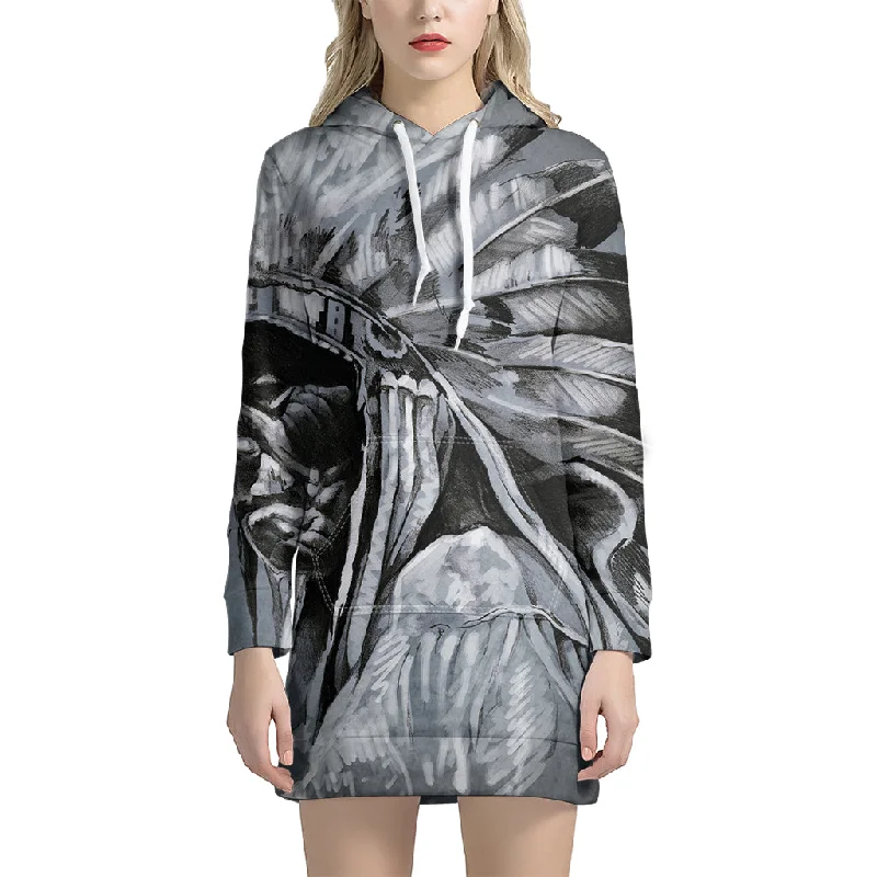 Monochrome Native Indian Portrait Print Pullover Hoodie Dress