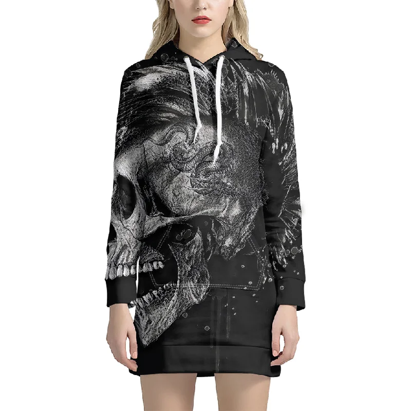 Monochrome Punk Skull Print Pullover Hoodie Dress