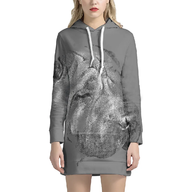 Monochrome Shar Pei Print Pullover Hoodie Dress