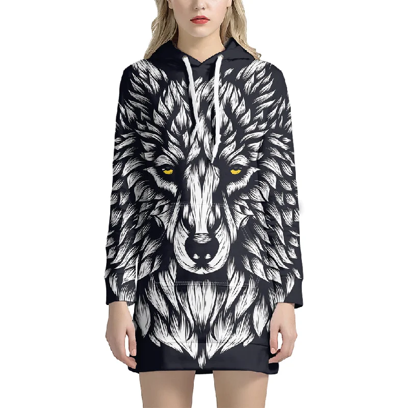 Navy And White Wolf Print Pullover Hoodie Dress