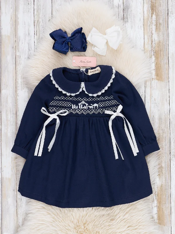 Navy Smocked Nativity Scene Dress