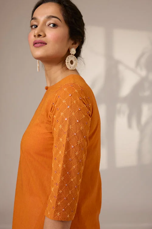 Okhai "Nectarine" Hand-Embroidered Mirrorwork Pure Cotton Long Kurta