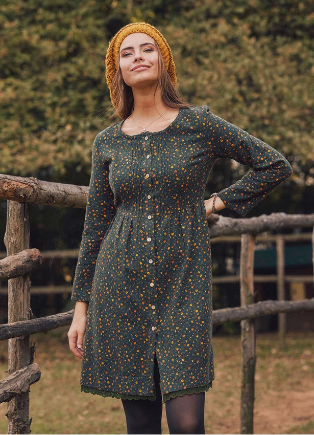 Lace Hem Long Sleeve Floral Green Shirt Dress