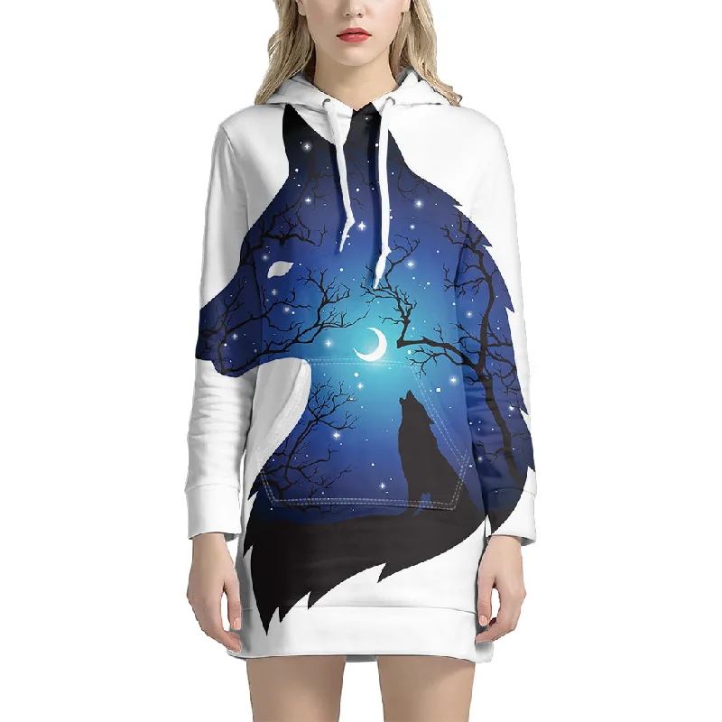 Night Forest Wolf Spirit Print Pullover Hoodie Dress