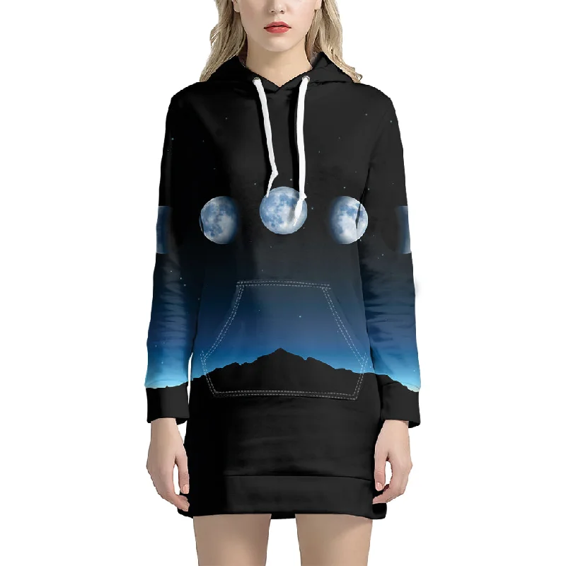 Night Sky And Moon Phase Print Pullover Hoodie Dress