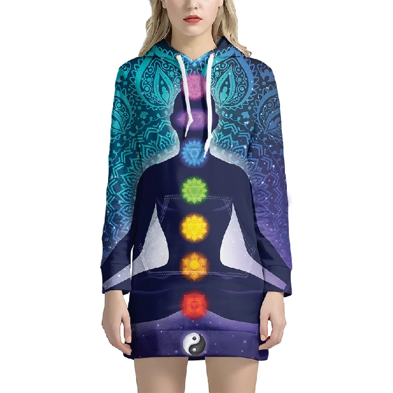 Nine Chakras Aura Print Pullover Hoodie Dress