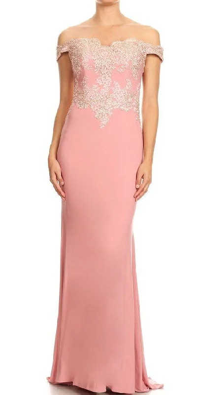 J&J Fashion 3069 Off-Shoulder Appliqued Long Formal Dress