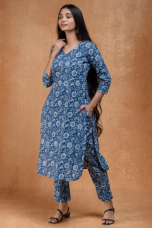 Okhai "Bluejay" Hand Embroidered and Mirrorwork Pure Cotton Kurta Pant Set