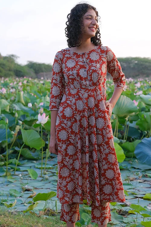 Okhai "Frangipani" Hand Embroidered MIrrorwork Hand Block Printed Pure Cotton Kurta Pant Set