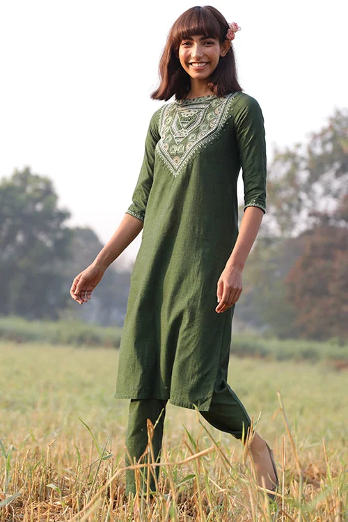 Okhai 'Fresh Green' Hand Embroidered Mirror Work Kurta Pant Set