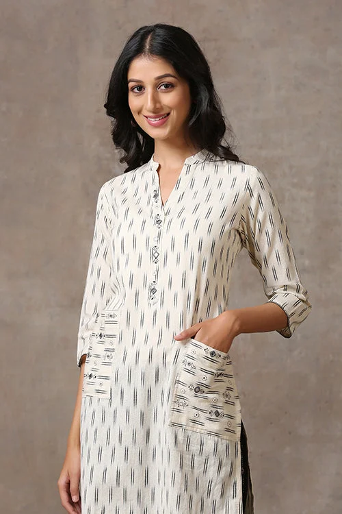 Okhai 'Moon Sky' Pure Cotton Hand Embroidered Mirror Work Ikat Kurta