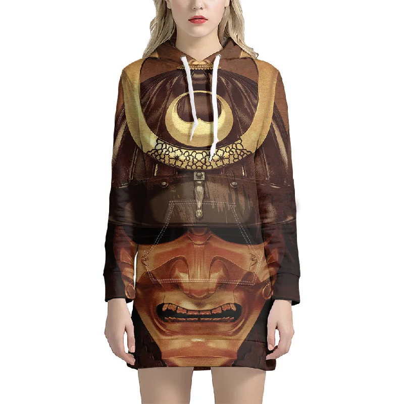 Old Japanese Samurai Mask Print Pullover Hoodie Dress