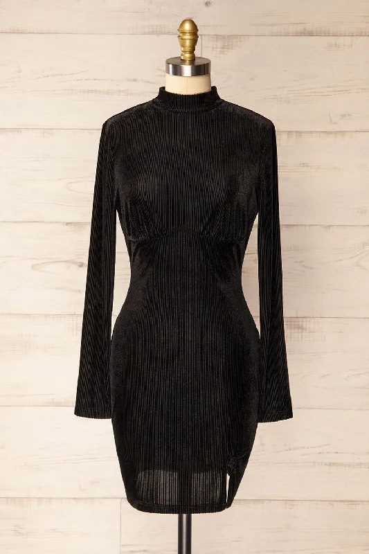 Olmeto | Black Velvet Dress w/ High Collar