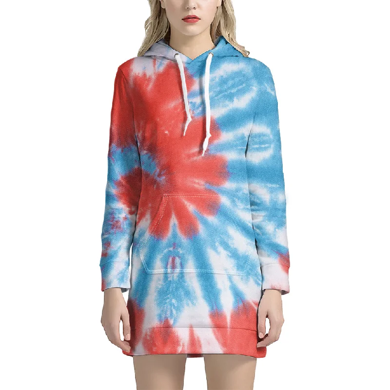 Orange And Blue Tie Dye Print Pullover Hoodie Dress