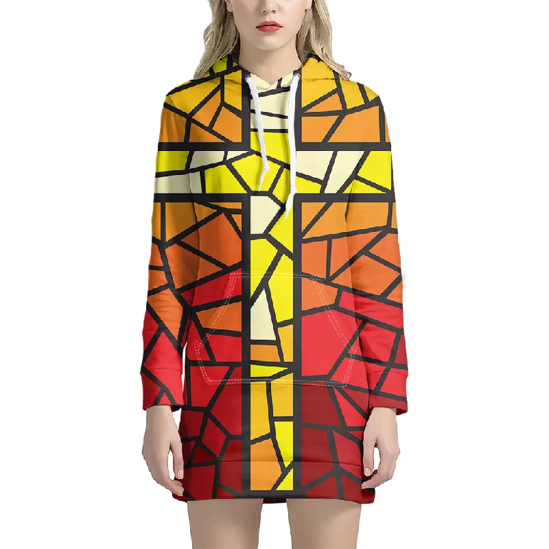 Orange And Red Stained Glass Cross Print Pullover Hoodie Dress