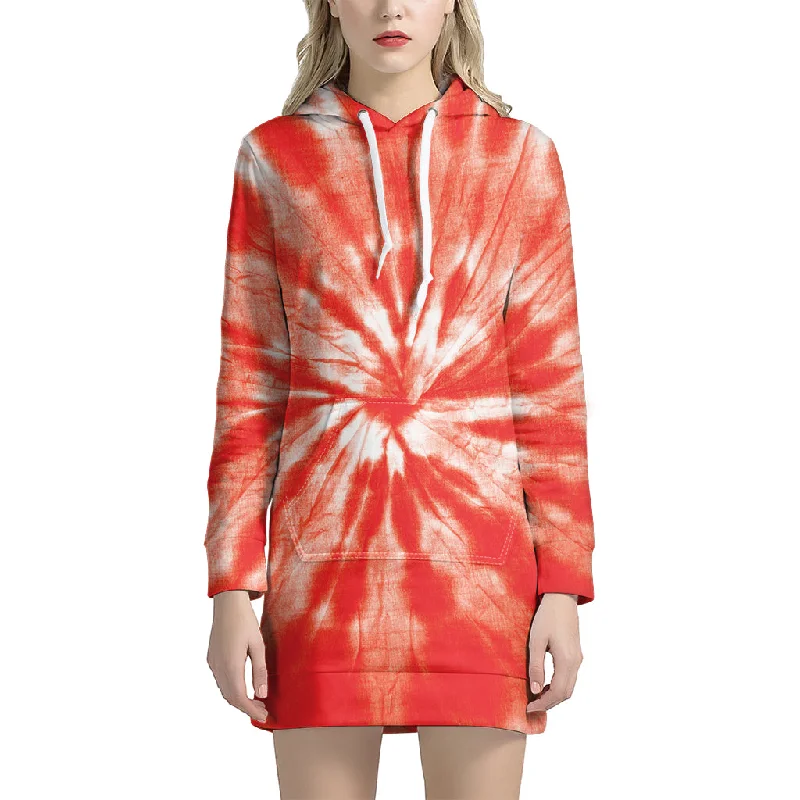 Orange Tie Dye Print Pullover Hoodie Dress