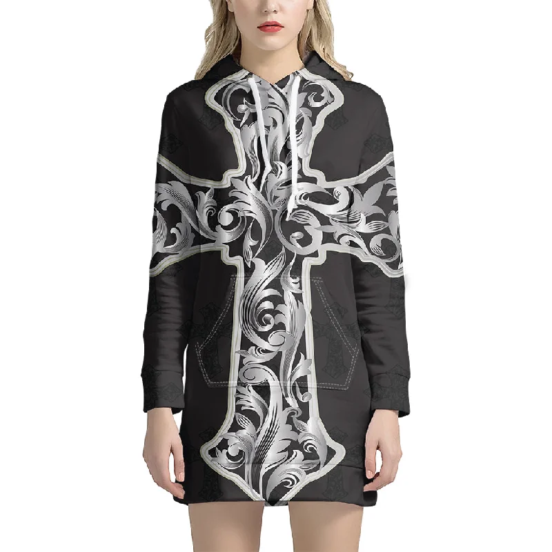 Ornamental Silver Cross Print Pullover Hoodie Dress