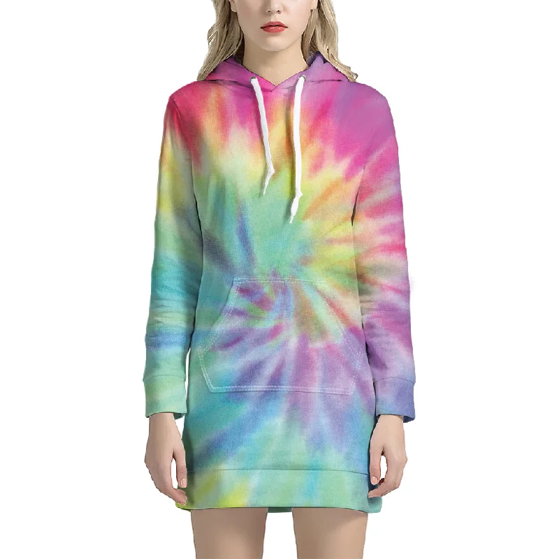 Pastel Spiral Tie Dye Print Pullover Hoodie Dress