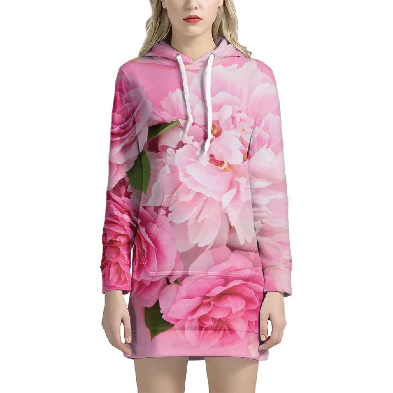 Peony And Rose Print Pullover Hoodie Dress