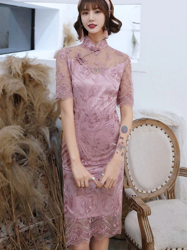 Pink Burgundy Illusion Lace Modern Cheongsam Qi Pao Dress